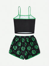 Conjunto de pijama con letra con estampado de dibujos animados unido en contraste